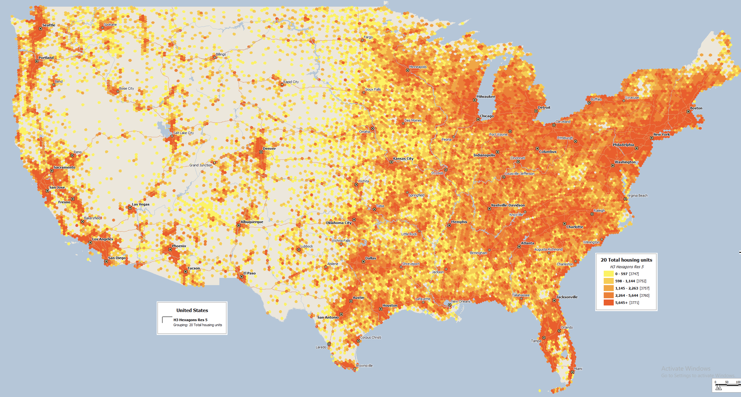 US map of 2020 Housing Unit density, plotted at the H5 level